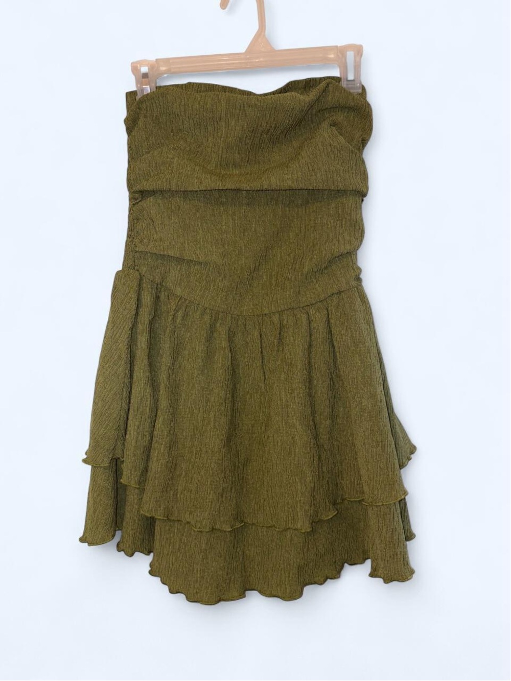 Olive Green Strapless Mini Dress with Ruffles